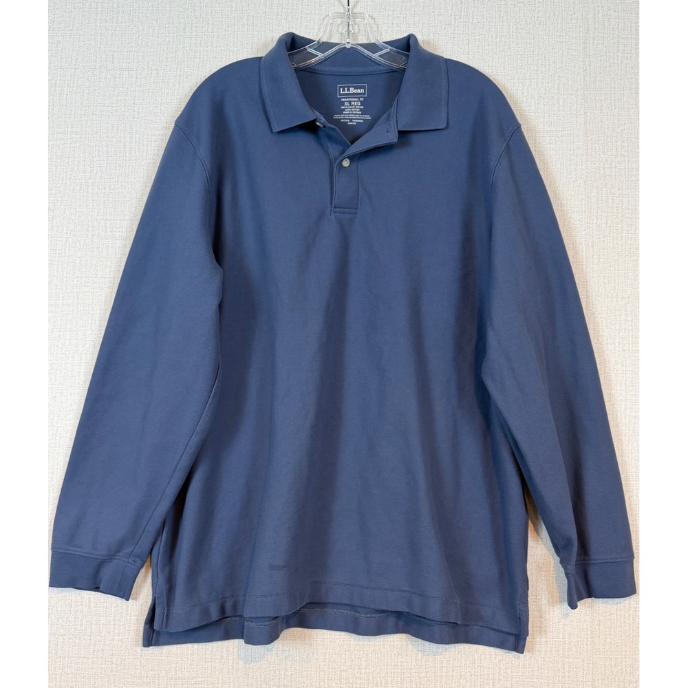 LL Bean Mens XL Reg Blue Long Sleeve‎ Polo Shirt Traditional Fit Pique Preppy